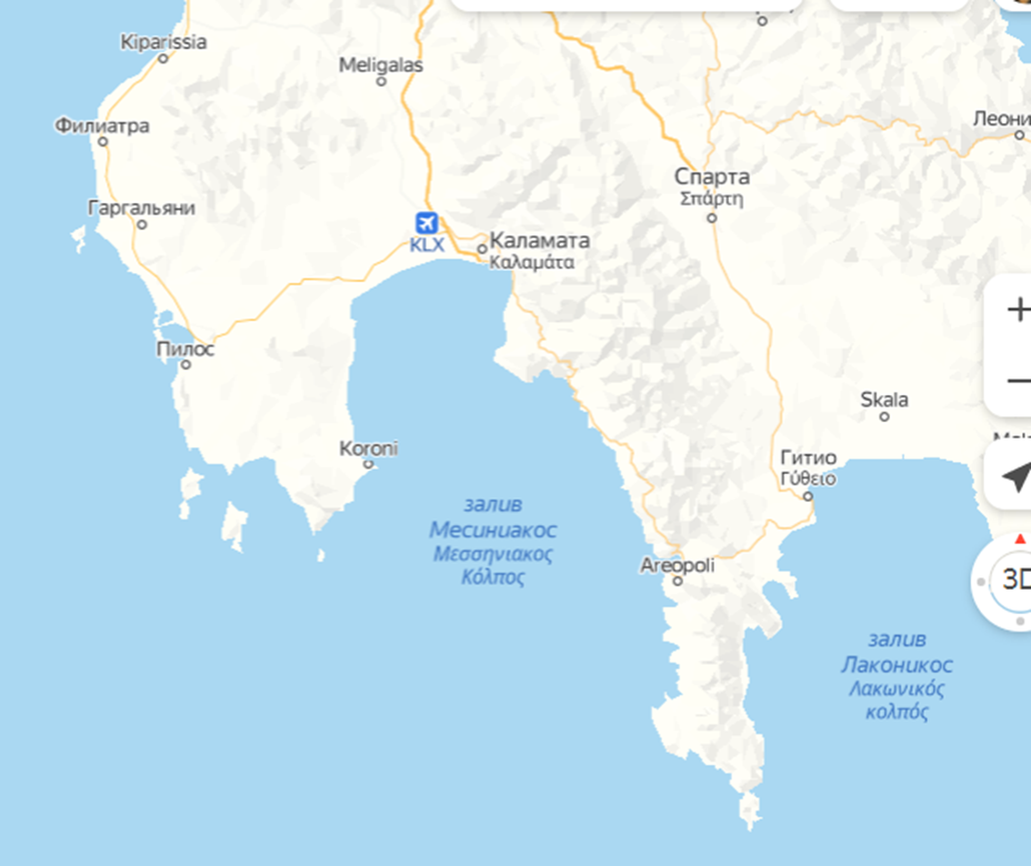 Южное побережье Греции. Подготовлено с использованием Яндекс.Карт