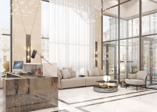 Внутренняя обстановка в подъездных холлах ALMOND — транслирует роскошь во всех деталях–пятиметровые потолки и великолепный интерьер лобби создают атмосферу эксклюзива и респектабельности.