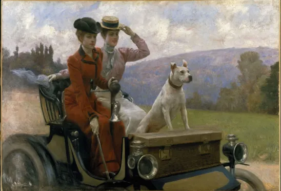 "Дамы в Булонском лесу в 1897 году на автомобиле Peugeot", Художник: Юлиус Леблан Стюарт