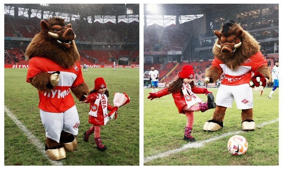    Кабан и болельщица Ева открыли матч «Спартак» — «Факел». Фото: соцсети «Спартак»