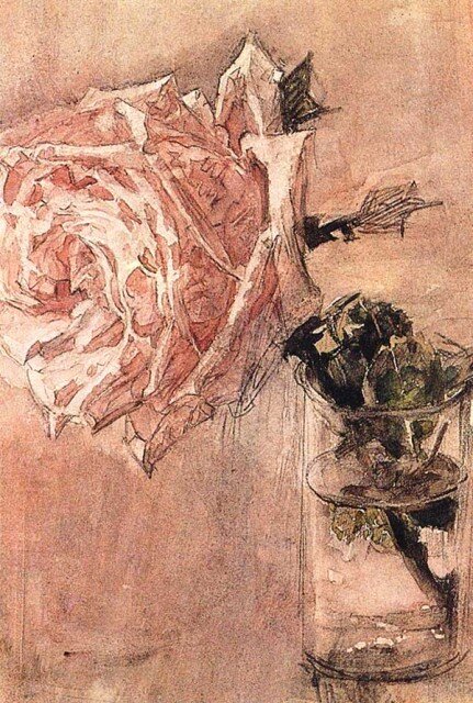 М. Врубель "Роза в стакане" 1904г. Акварель, графитный карандаш, бумага на картоне. Размер: 29.8×18.5 см. Государственная Третьяковская галерея, Москва. Источник изображения - Яндекс Картинки