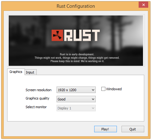При запуске игры на экране появляется менюшка.
Играть в RUST - Запуск игры с поддержкой Direct X 11
RUST - Direct X 9 - соответственно...


Тыкаем в "играть" и открывается экран предварительной настройки игры:

