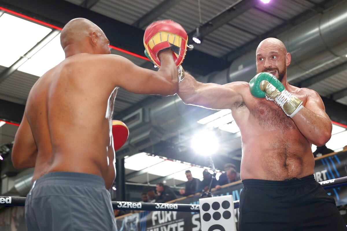 Шугар Хилл тренирует держит Тайсона Фьюри на лапах