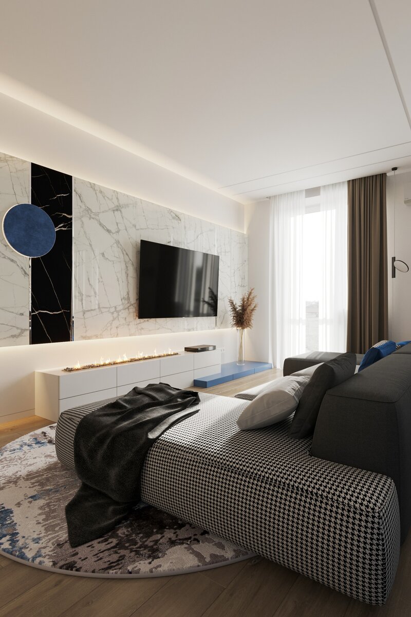 Мрамор в отделке гостиной, пример проекта