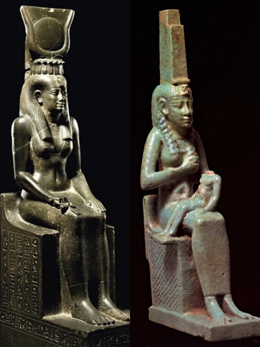 Богиня Исида с троном, расположенным под рогами коровы на голове и без рогов