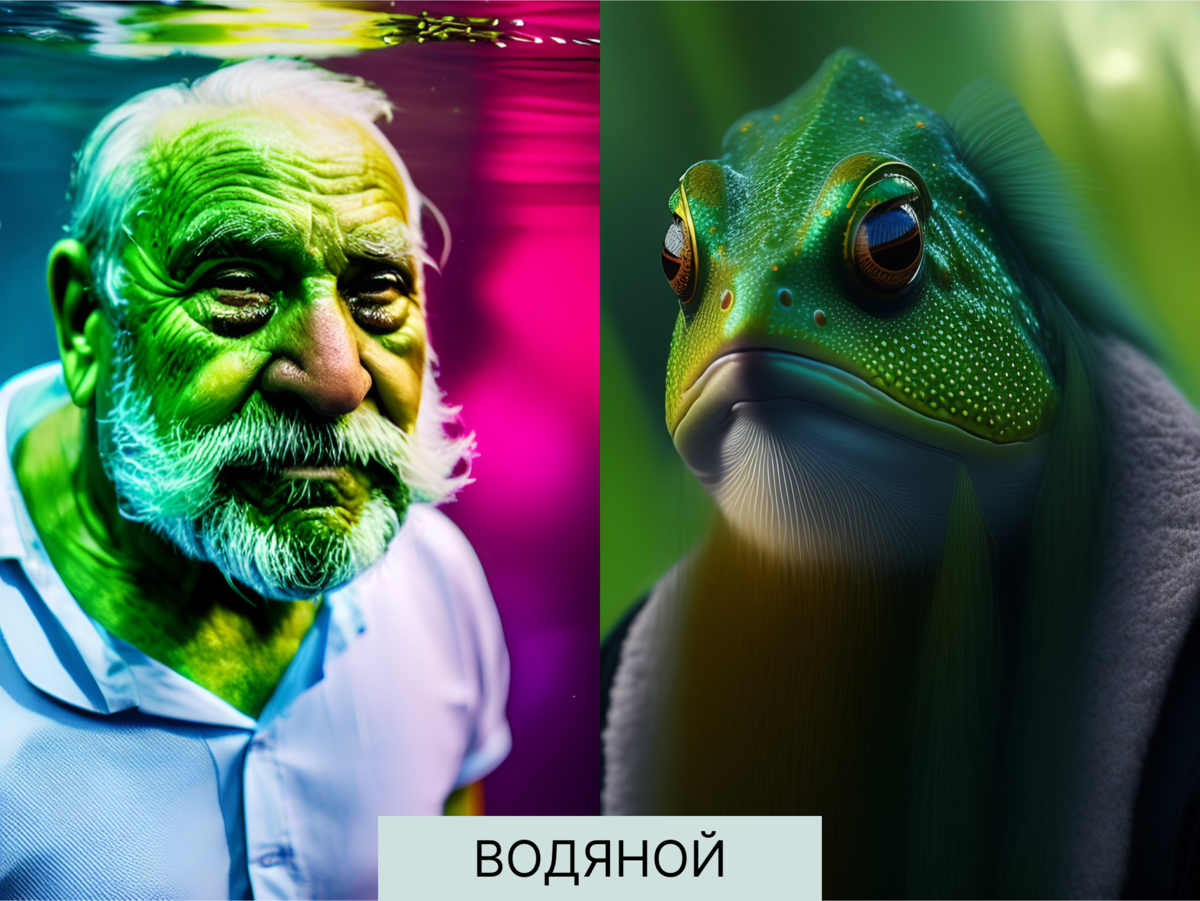 Хозяин вод похож не то на старика с зеленой кожей и рыбьими чертами, не то на рыбу в человеческом обличье. 