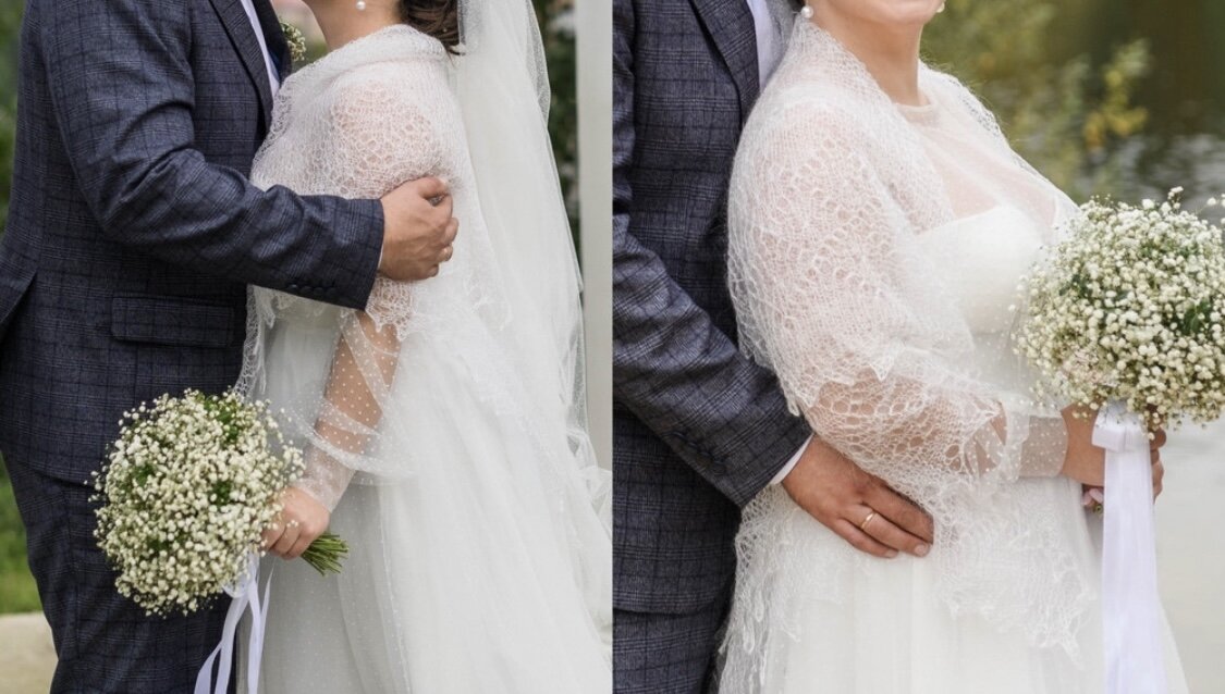 А как обалденно смотрится пуховая паутинка в свадебном образе! Идеально подобранный аксессуар, который не только подарит вам тепло, но и придаст образу утонченность и женственность!