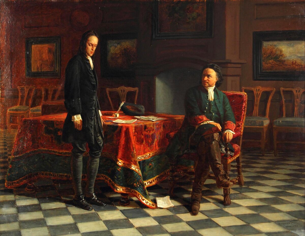 «Пётр I допрашивает царевича Алексея Петровича в Петергофе». Николай Ге, 1871