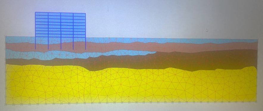 Рисунок 1. ­Расчётная схема при оценке устойчивости зданий и параметров свайного основания. Сетка конечных элементов