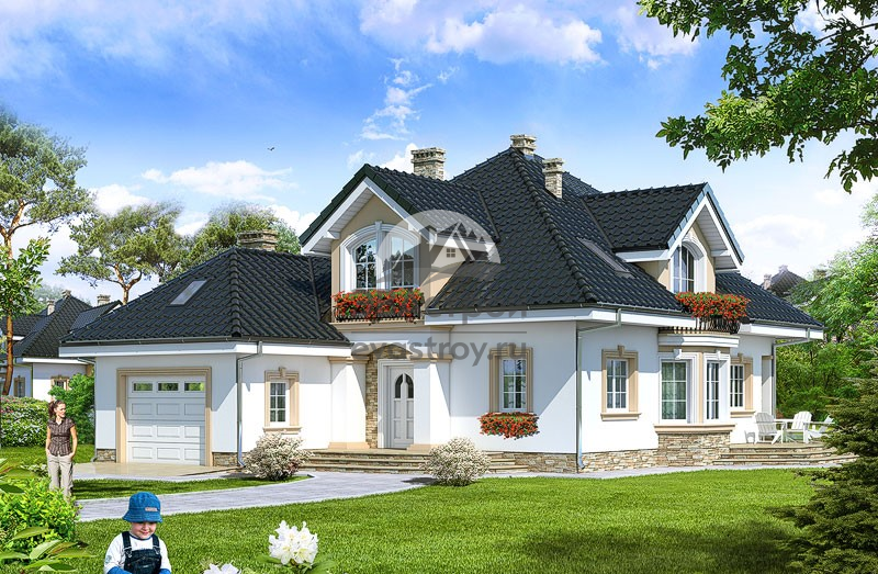 Проект дома 227 м2 с мансардой, эркером, гаражом и террасой - SK-55