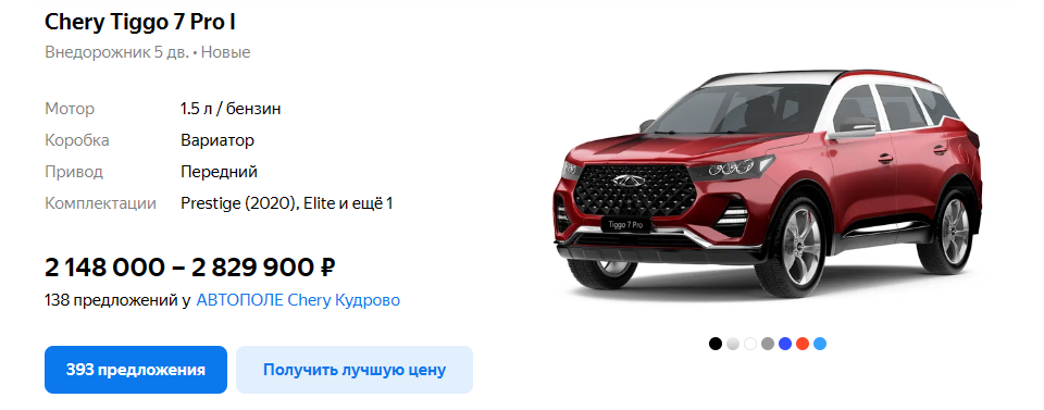 Цены на новый Chery Tiggo 7 Pro I. Источник: https://auto.ru/leningradskaya_oblast/cars/chery/tiggo_7_pro/new/?with_discount=false