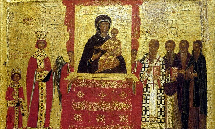 Икона «Торжество Православия» (фрагмент — императрица Феодора и император Михаил III). Византия, первая половина XV века