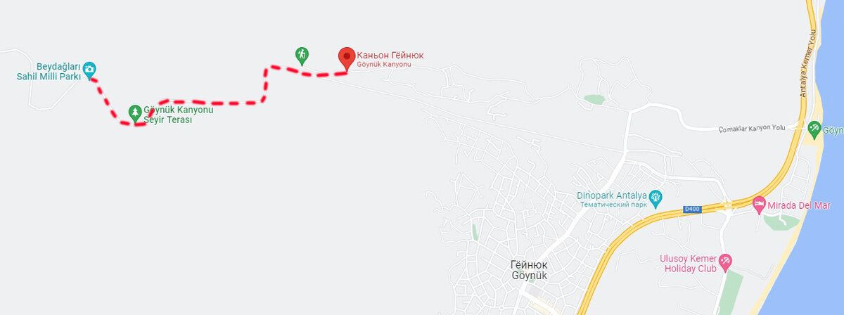 Пунктиром указал наш путь. Дошли до водной части, идти дальше пешком было уже невозможно. 