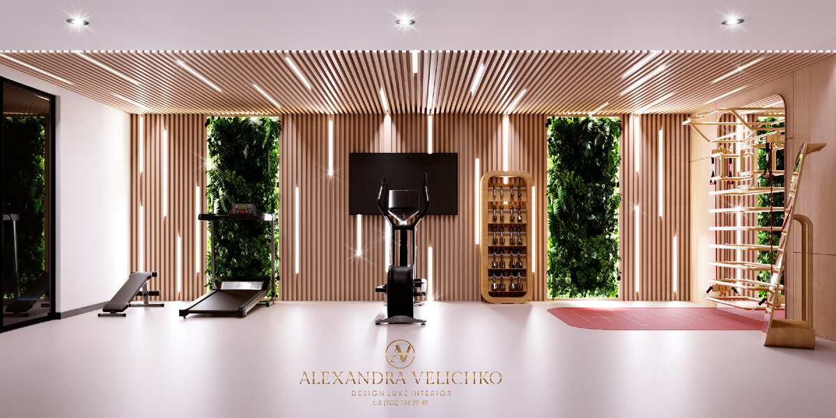 Спорт зал украшенный рейками подсветками и Эко панно из растений в котором тренировки это удовольствие. 