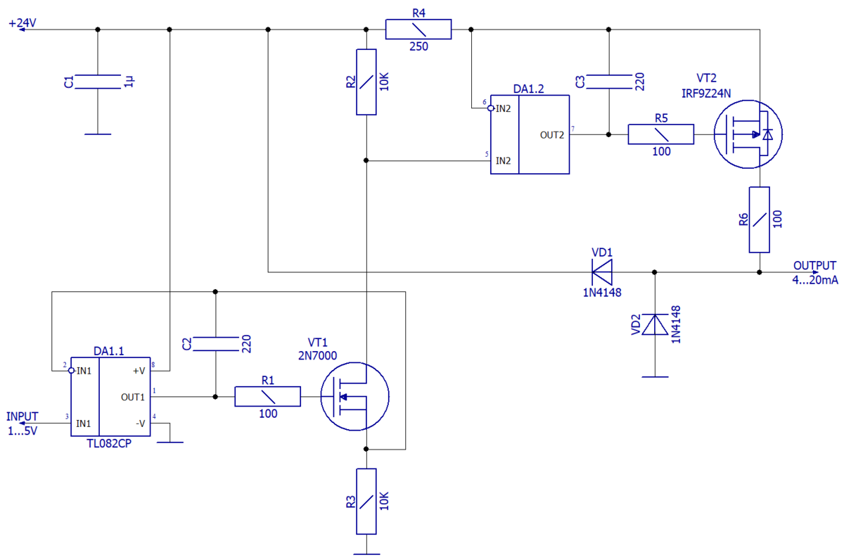 Схема электрическая принципиальная преобразователя сигнальных напряжений 1...5В в токовый выход 