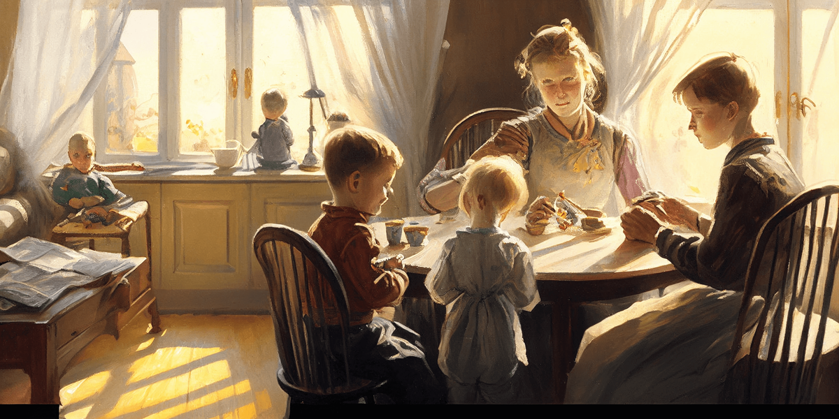  , Zinaida Serebryakova: A warm family scene with children playing in a sunlit room