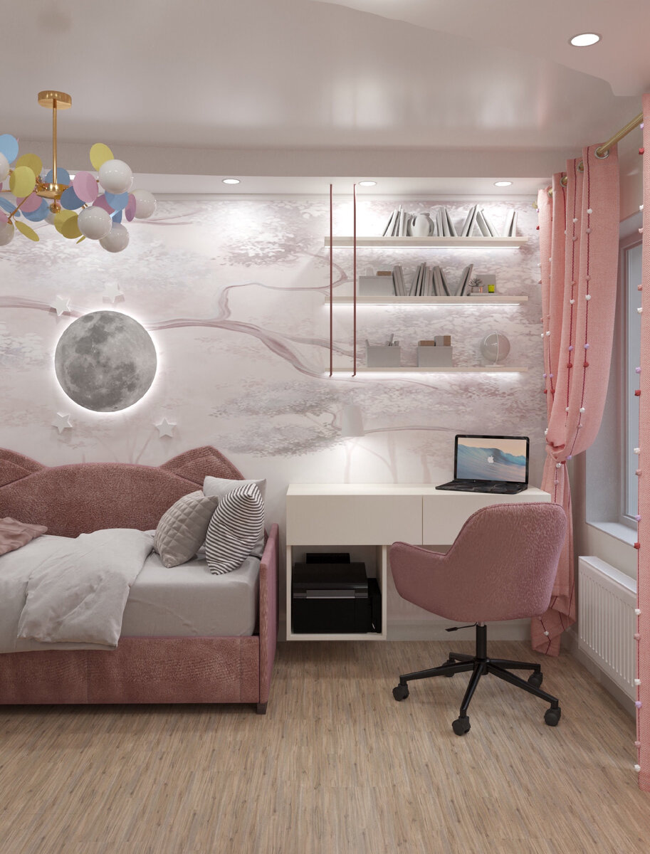 Рабочее место для старшей девочки с местами для хранения и отдельной нишей для принтера 