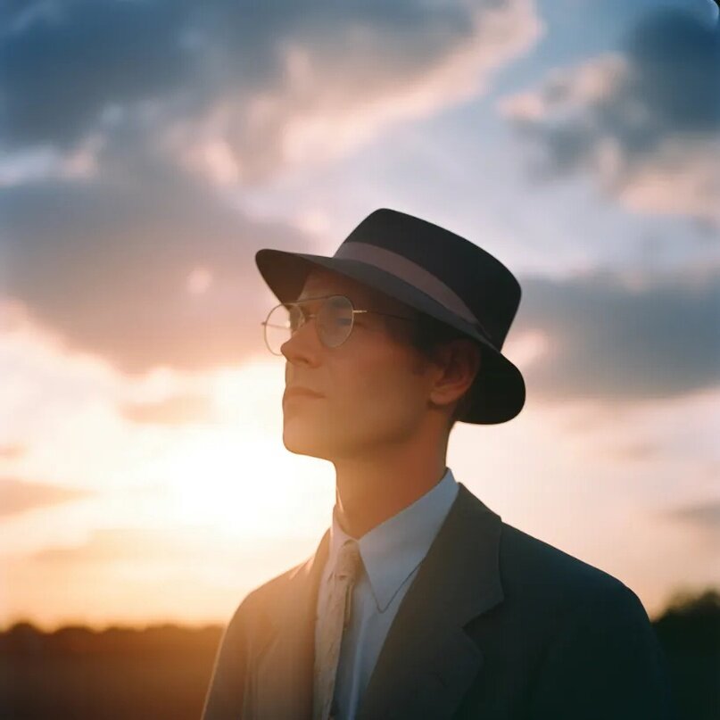 retro style photo of a man, shot on agfa vista 200, Partly Cloudy Sunrise --v 5