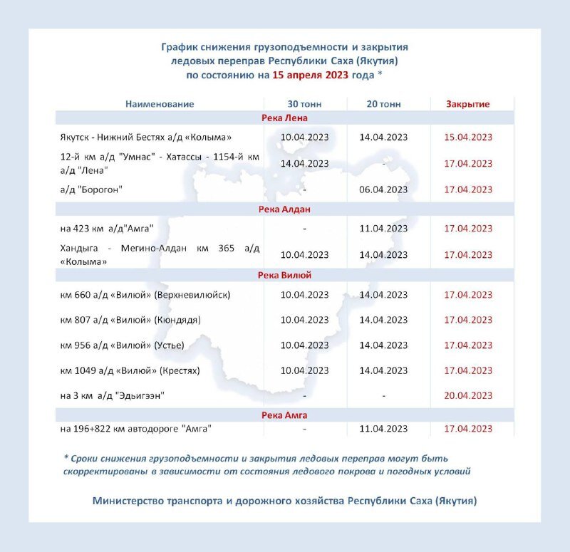    Расписание закрытия ледовых переправ в Якутии. Фото: Министерство транспорта Якутии