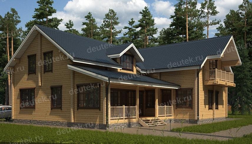Проект дома 440 м2 из бруса с мансардой, сауной, кабинетом и террасой - DTW0092