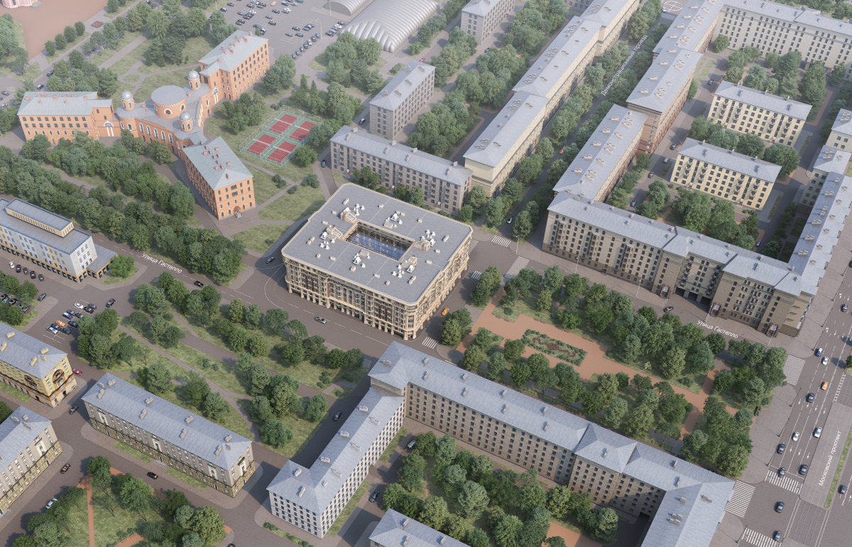 От шумного Московского проспекта дом отгорожен сквером (рендер)