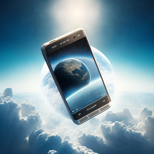 Mobile phone floating in the air right next to Earth. by MidJourney