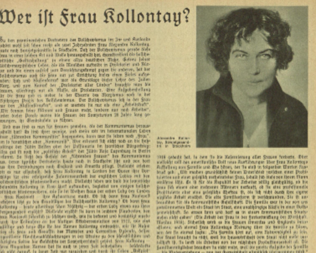 Страница из журнала. На фотографии Александра Коллонтай/ Источник: https://digi.ub.uni-heidelberg.de/diglit/frauenwarte1941/0164/image,info