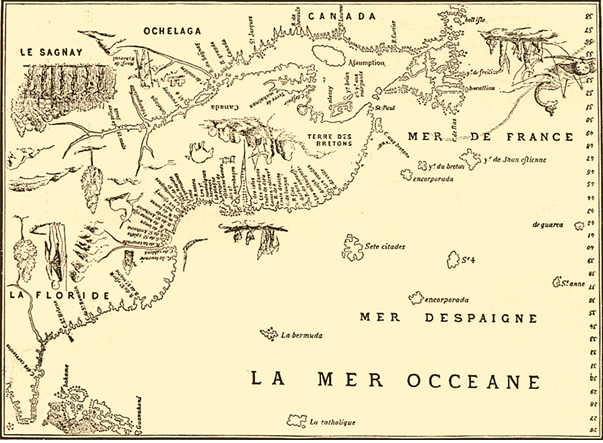 Карта берега Канады конца 16-го века ещё в наполовину перевёрнутом виде, что означает её изготовление картографами верхней цивилизации, применявших "гиперборейский" вид с Севера. А это лишний раз доказывает наличие в то время в Северной Америке её центров.