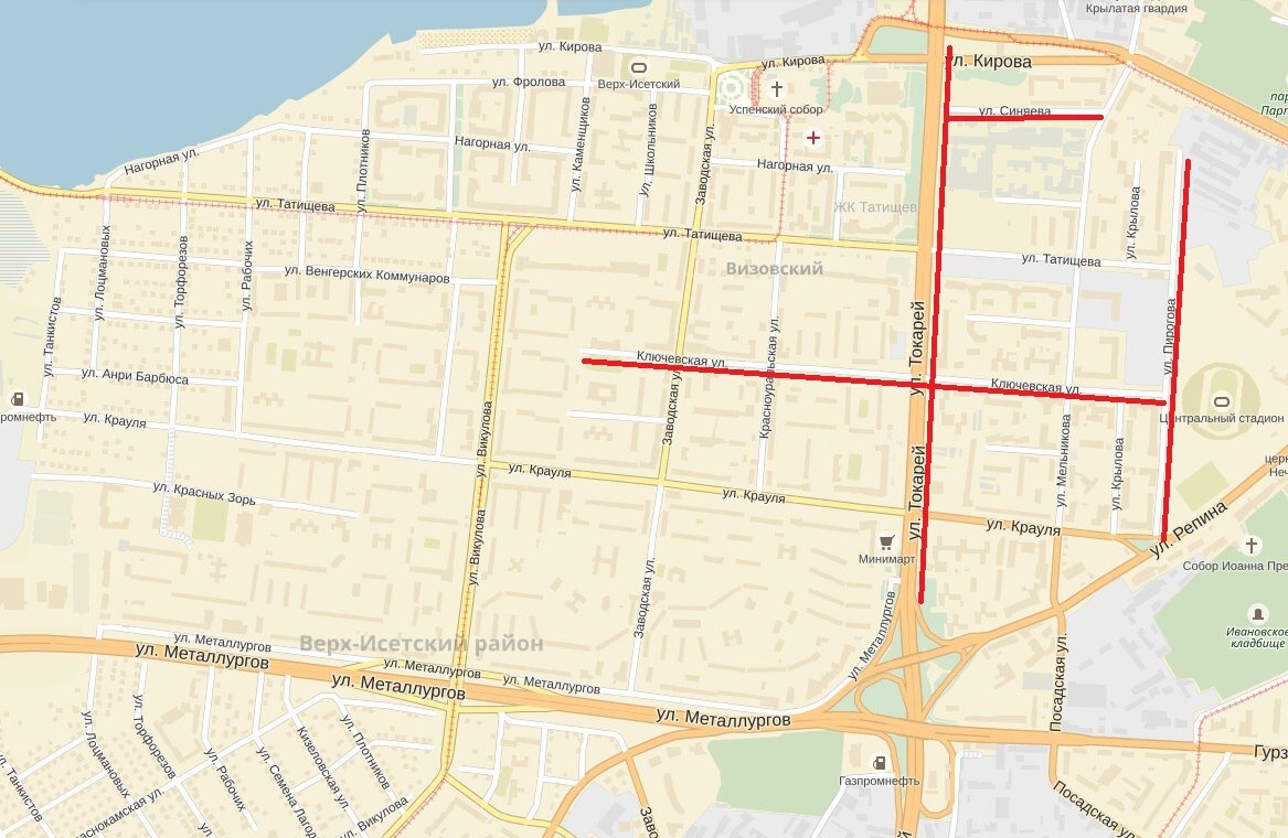Пирогова - Ключевская - Синяева - Токарей (Екатеринбург) © Яндекс