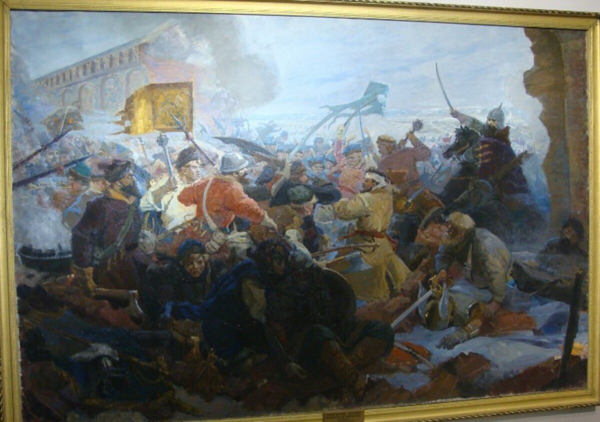    Евгений Владимирович Ильин «Героическая оборона Смоленска от польской шляхты». СССР. Москва. 1949 г. Холст, масло