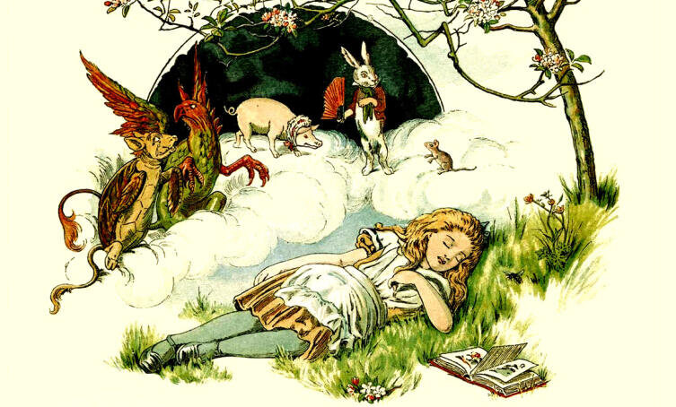    Фрагмент обложки «The Nursery Alice», 1890 г. Художница — Emily Gertrude Thomson Скан книги