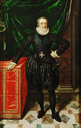 Генрих IV (13 декабря 1553, По, Беарн — 14 мая 1610, Париж) — король Франции с 1589 года (коронован в 1594), король Наварры с 1572 года под именем Генрих III (Henri III). Первый представитель дома Бурбонов на французском престоле, старший выживший сын первого принца крови, герцога де Вандом Антуана де Бурбона и королевы Наварры Иоанны III д’Альбре, лидер гугенотов в заключительный период Религиозных войн - Википедия