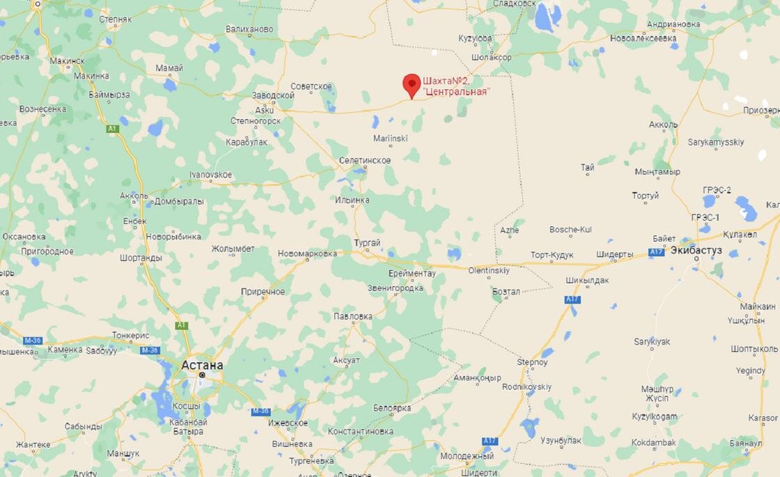    Шахта "Центральная" в Бестобе на карте:Google Maps