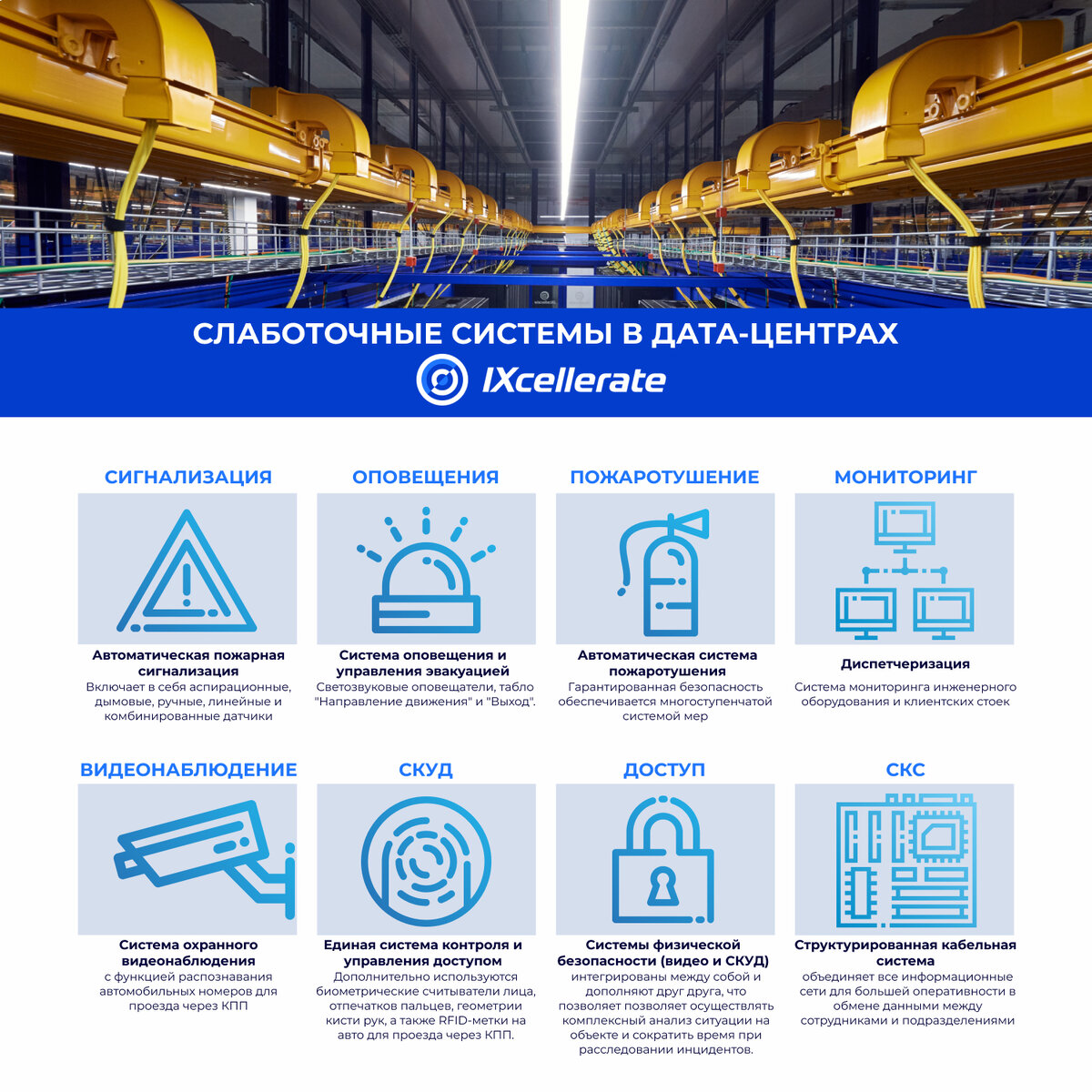 Cпектр применения СЛС в дата-центрах по-настоящему широк: от систем пожарной/охранной сигнализации до систем мониторинга и управления доступом.