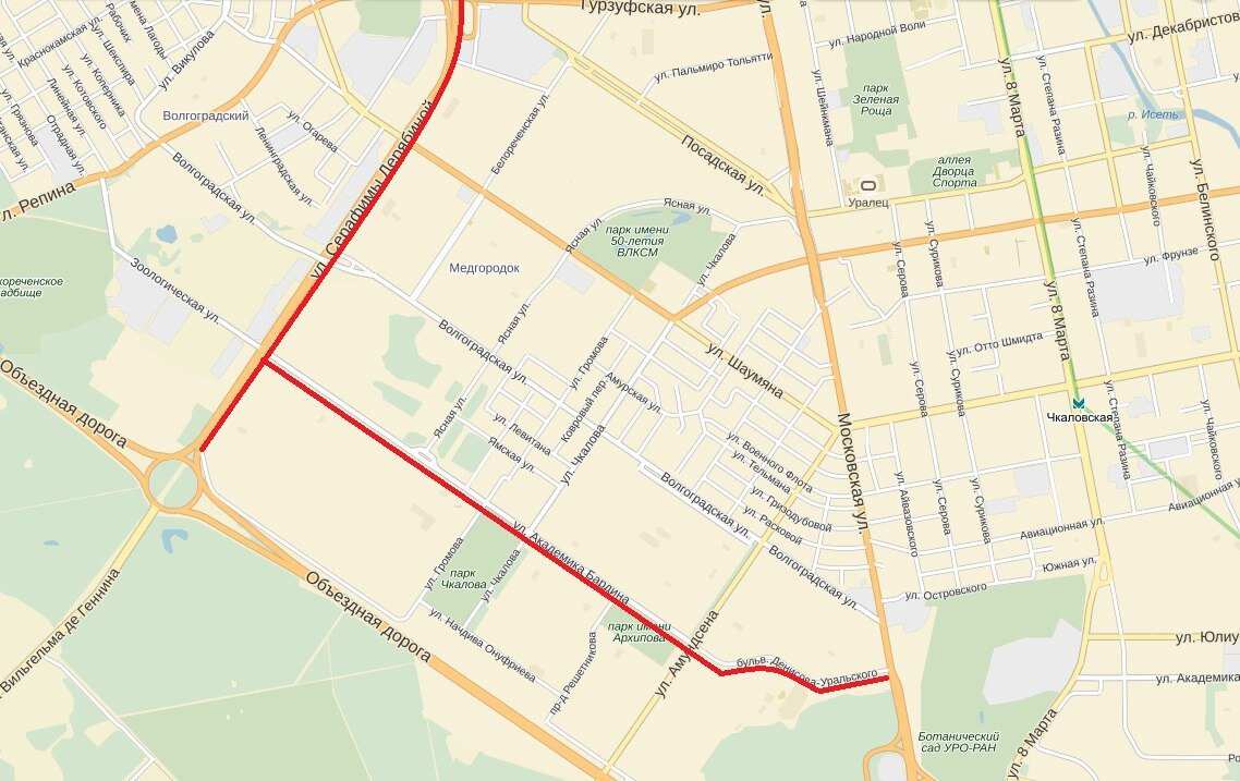 Бульвар Денисова-Уральского - Академика Бардина - Серафимы Дерябиной (Екатеринбург)  © Яндекс