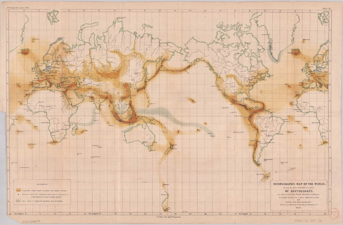 На этой старой карте мира середины XIX века разной степенью затенения показана сейсмическая интенсивность. Также изображены места расположения вулканов. 1857 г.