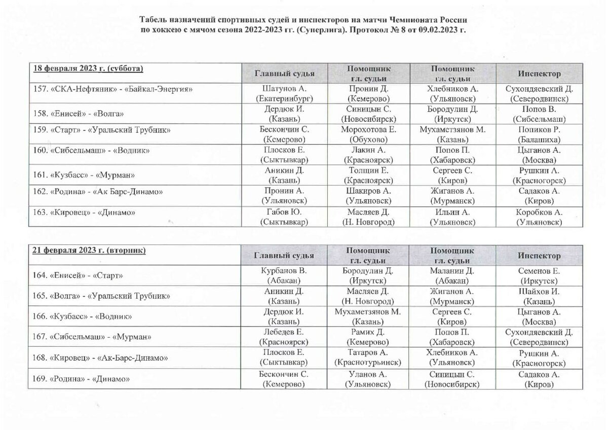 Судейские назначения на ближайшие игры 18-го и 21-го февраля. Дердюку  доверили центральный матч: 