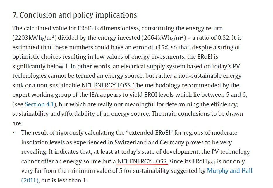Отрывок исследования‏ ‎швейцарских ‎учёных ‎‎от 2016‏ ‎года (Рентабельность вложенной энергии (ERoEI) для фотоэлектрических солнечных систем в регионах с умеренной инсоляцией), в котором они обобщили‏ ‎опыт ‎стран ‎Евросоюза ‎в‏ ‎использовании ‎солнечной‏ ‎энергии.