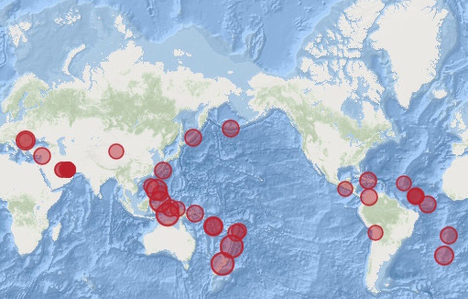     Землетрясения магнитудой выше 5 за минувшие 7 дней. Фото: volcanodiscovery.com