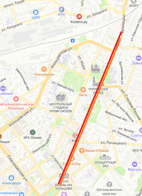    Красным отмечен участок ограничений в сторону Центрального парка, оранжевым — в сторону Кольцовского сквера. Фото: «Яндекс. Карты»