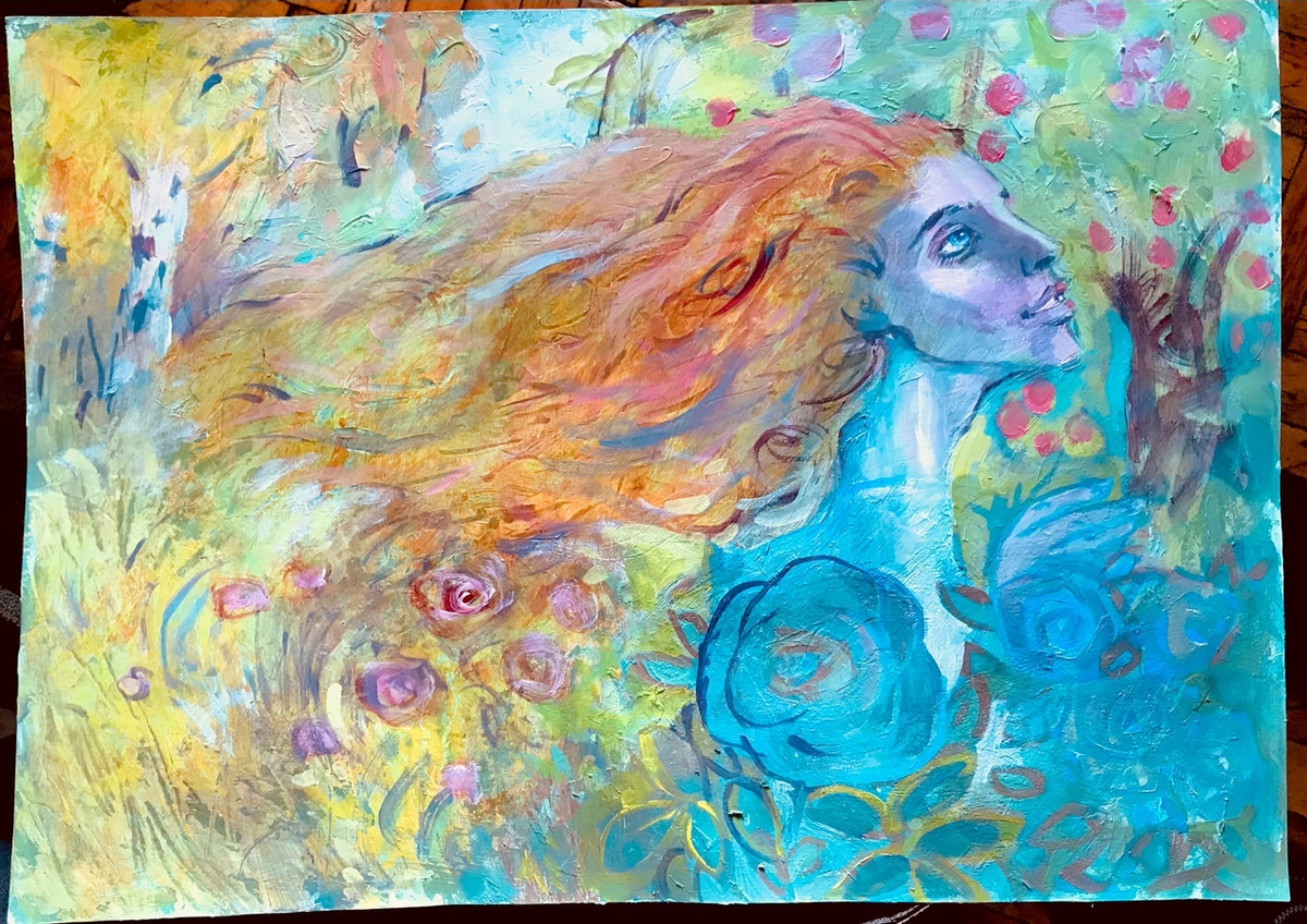 А. Сашнева "Яблоки и розы" (40х55, бум., акрил, 2023)