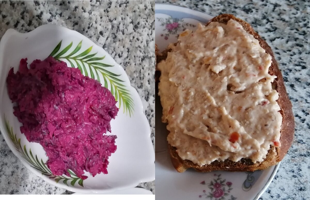 Мой хлеб, риет из горбуши, свекольный салат, было ещё немного рикотты, кусочек сыра и кофе с молоком, всего на 357 кк.