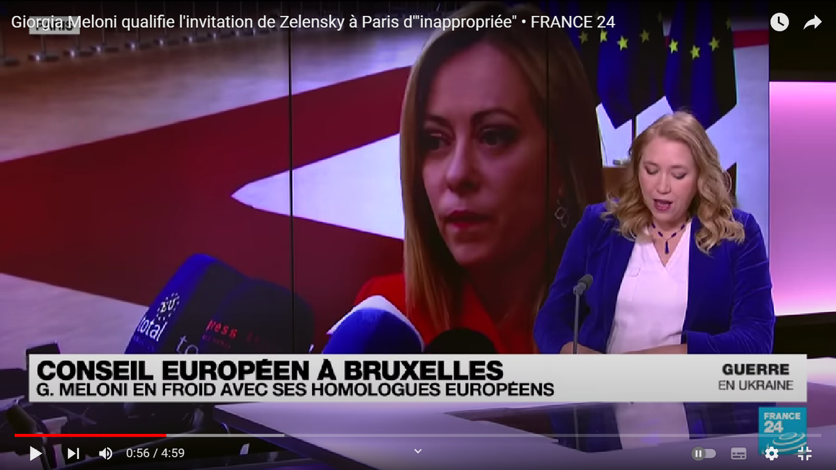 Скриншот передачи на France24 под названием "Мелони квалифицирует приглашение Зeлeнcкoгo в Париж неподобающим" (источник: канал France24 в YouTube)