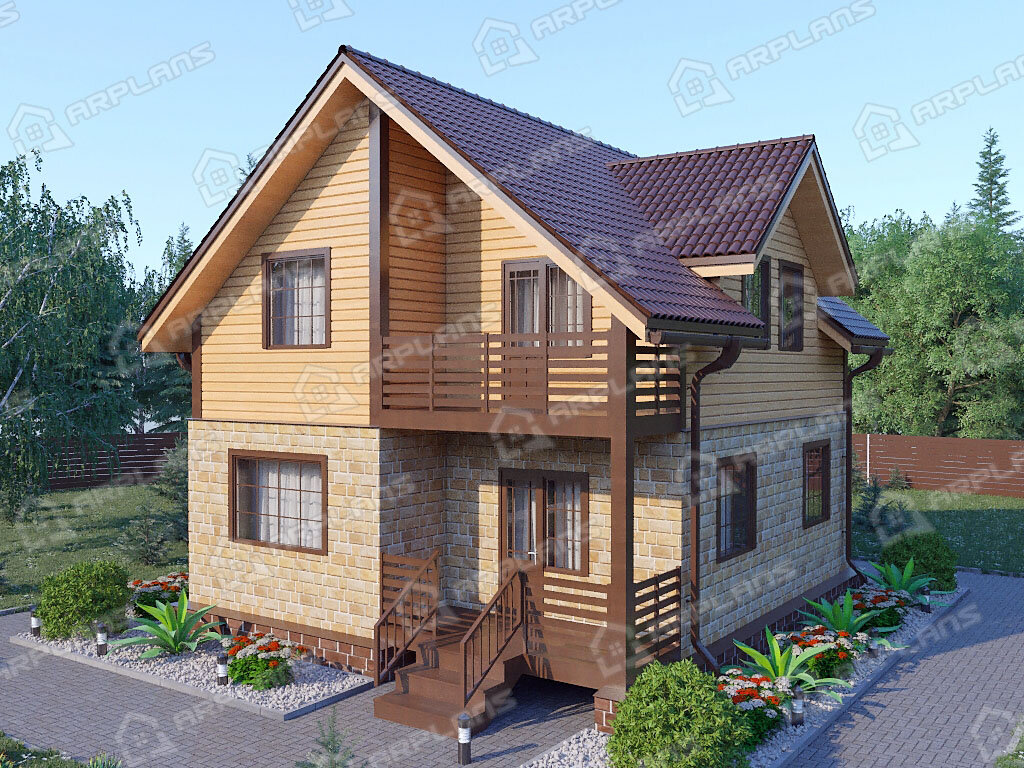 Фото 1 двухэтажного комбинированного дома блок+брус с мансардой, 3 спальнями, балконом, котельной и террасой. Общая площадь до 150 (116) кв м. Источник arplans.ru Проект А-006