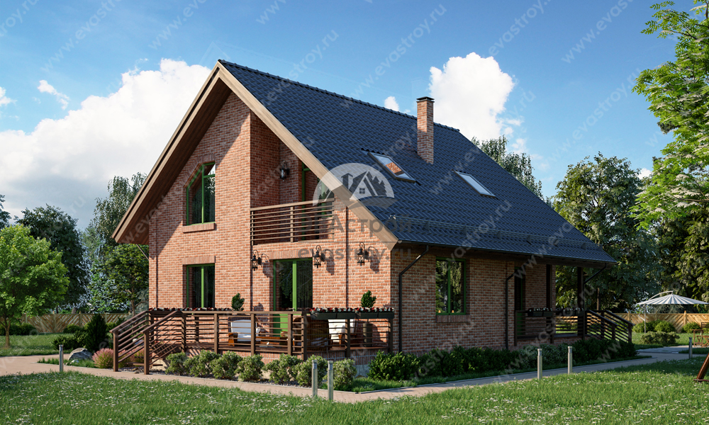 Проект двухэтажного дома 176 м2 из газобетона с навесом, балконом, кабинетом и террасой - LK-30