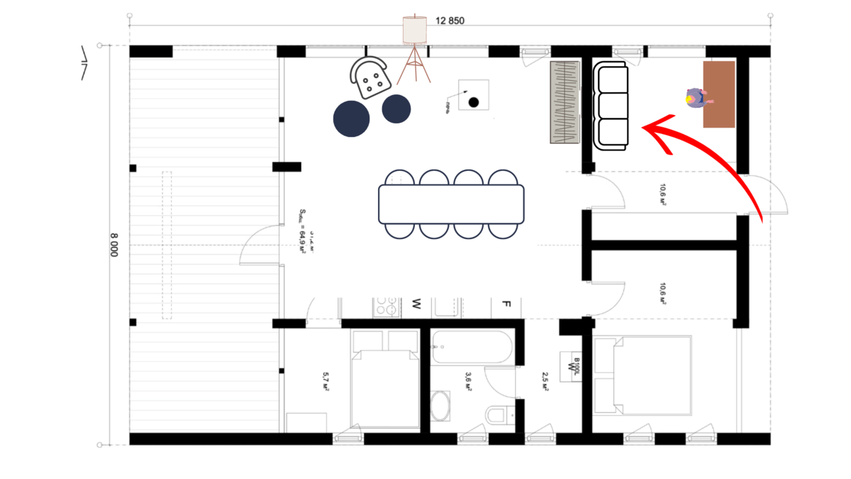 Вариант 3. А еще диван можно поместить в прихожую-кабинет, и тогда в доме появится еще одна спальная комната