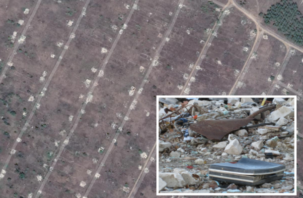    Скриншот Яндекс-карты: опустевшие земли — на них квадраты и прямоугольники фундаментов от домиков бывших дач камышан