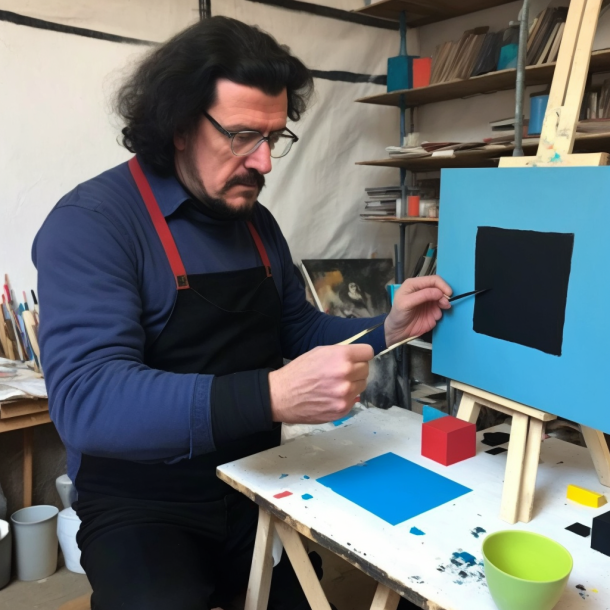 Иллюстрация нейросетей на тему Малевич в мастерской рисует "Черный квадрат" 