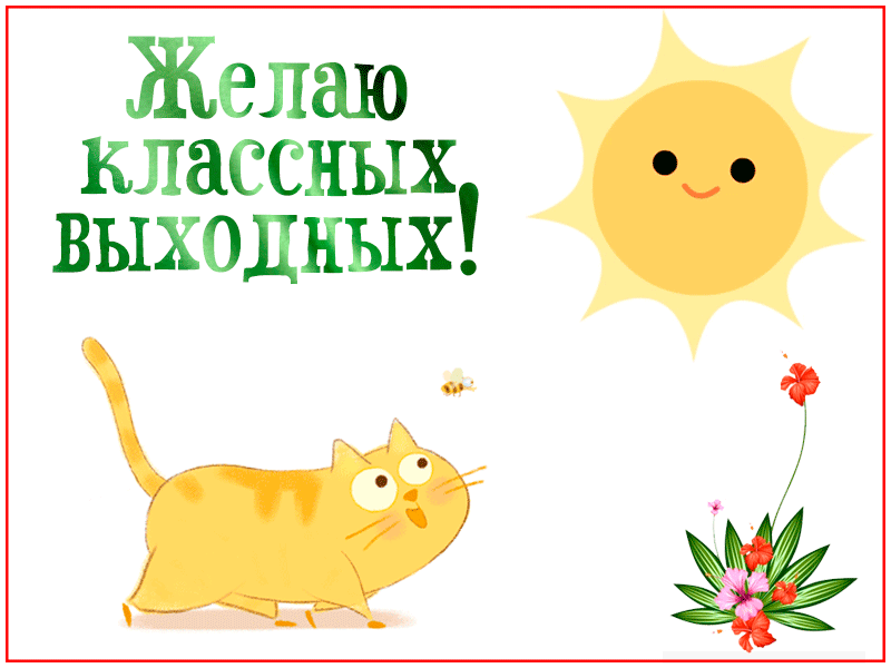 Бесплатная прикольная картинка с котенком, солнышком и пожеланием классных выходных.