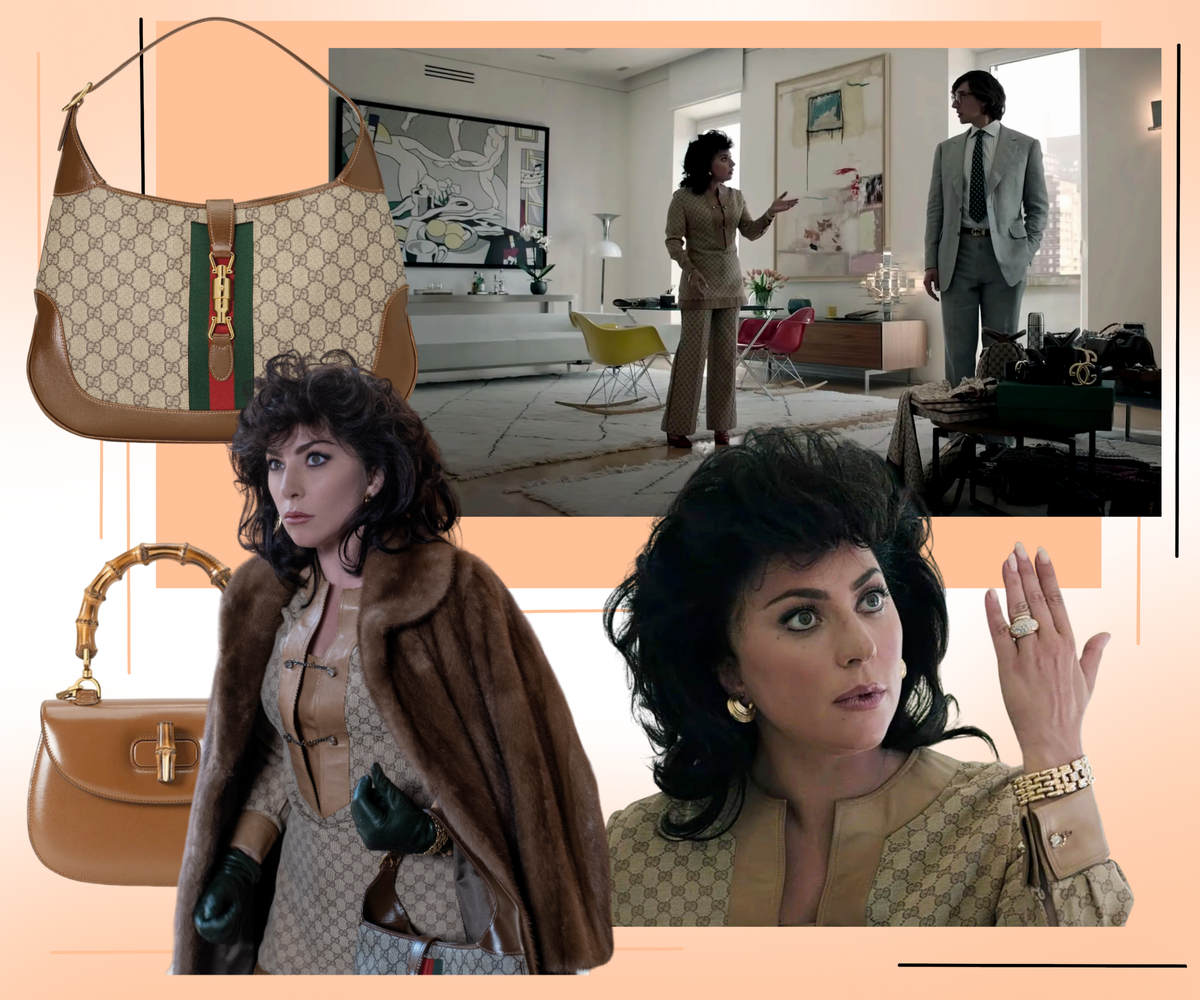 Кадры из фильма «Дом Gucci», модели сумок Gucci Jackie 1961 (сверху) и Gucci Bamboo